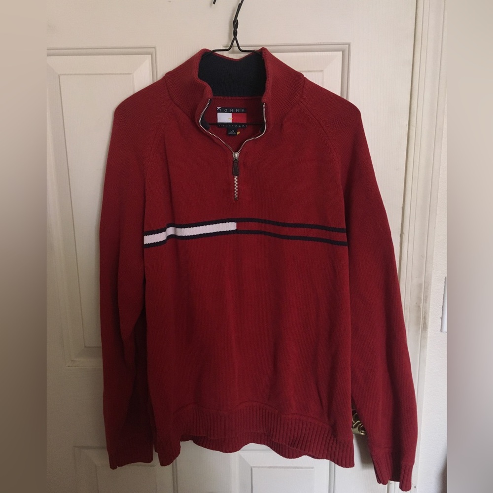 Tommy Hilfiger Red 3/4 Zip Logo Front Woven Sweater. Size: L